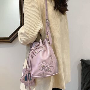 Large Capacity Bucket Bag Purses for Women, Cool Studded Punk Motocycle Crossbody Bag,PU Leather Drawstring Shoulder City Bag (Purple)