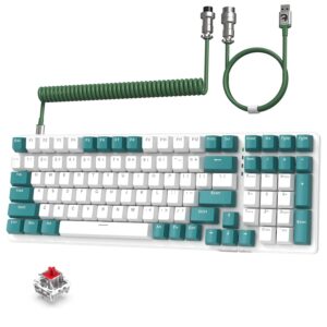 ziyou lang mechanical gaming keyboard, led backlit keyboard, 98 keys mixed color keycaps coiled type-c to usb cable wired computer keyboard for windows laptop pc gamer - green/red switch