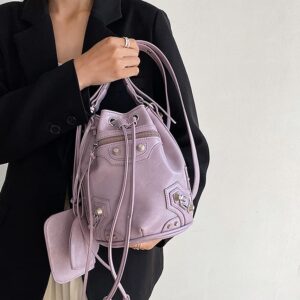 Large Capacity Bucket Bag Purses for Women, Cool Studded Punk Motocycle Crossbody Bag,PU Leather Drawstring Shoulder City Bag (Purple)