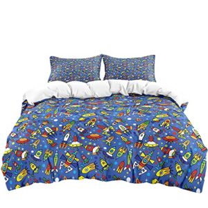 JIJIWANG California King Space Duvet Cover Cotton Kids Rocket Space Duvet Cover Star Spaceship Print 2 Pillowshames Comforter Cover Zipper Closure