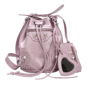 Large Capacity Bucket Bag Purses for Women, Cool Studded Punk Motocycle Crossbody Bag,PU Leather Drawstring Shoulder City Bag (Purple)