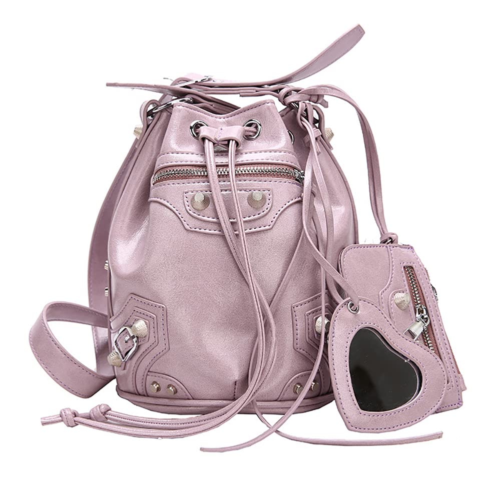 Large Capacity Bucket Bag Purses for Women, Cool Studded Punk Motocycle Crossbody Bag,PU Leather Drawstring Shoulder City Bag (Purple)