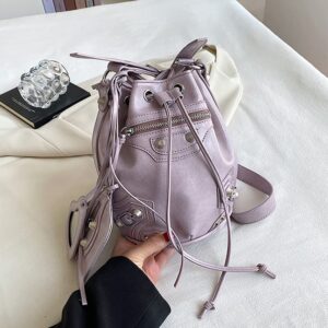 Large Capacity Bucket Bag Purses for Women, Cool Studded Punk Motocycle Crossbody Bag,PU Leather Drawstring Shoulder City Bag (Purple)