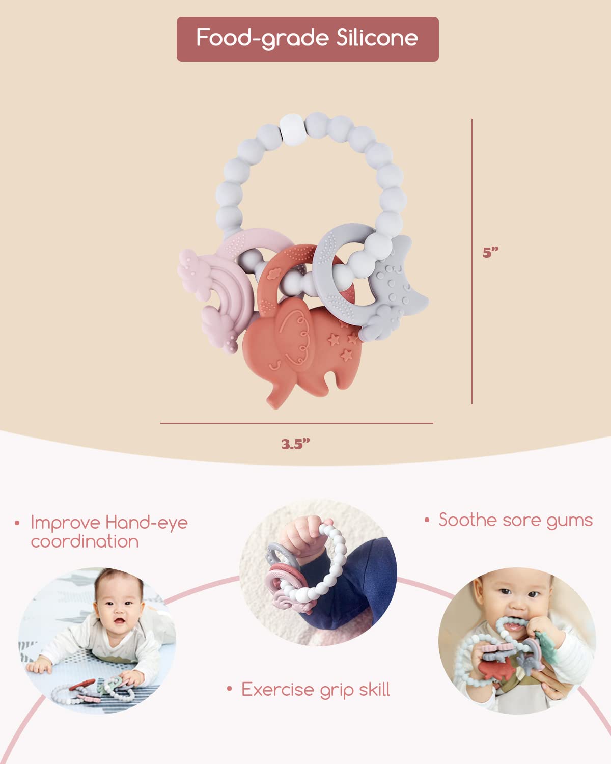 Teething Rings for Babies 0-6 6-12 Months Front and Molar Teething Relief Wearable Teether Bracelet Infant Toddler Chew Toys Ease of Grabbing, Elephant Rainbow Moon Shape, Baby Girl Gifts, BPA Free