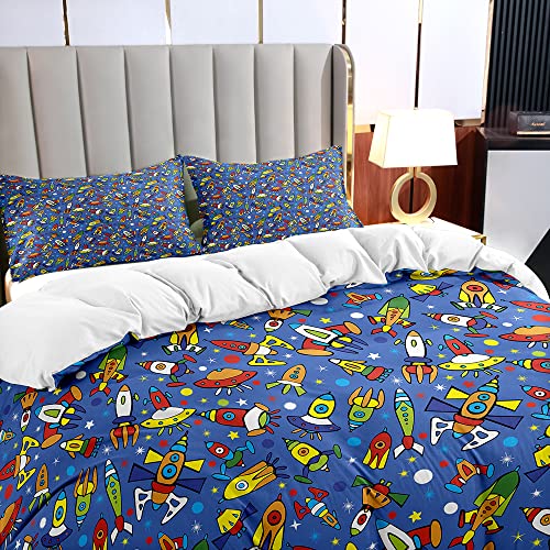 JIJIWANG California King Space Duvet Cover Cotton Kids Rocket Space Duvet Cover Star Spaceship Print 2 Pillowshames Comforter Cover Zipper Closure