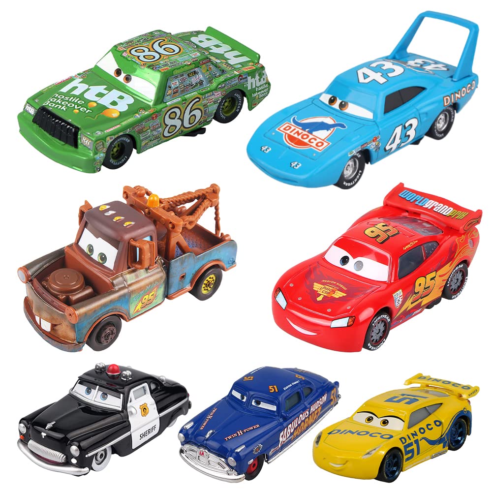 Car 2 3 Toys Mater Chick Hicks The King Doc Hudson Sheriff Diecast Car Toy Set for Boy Kids (7pcs)