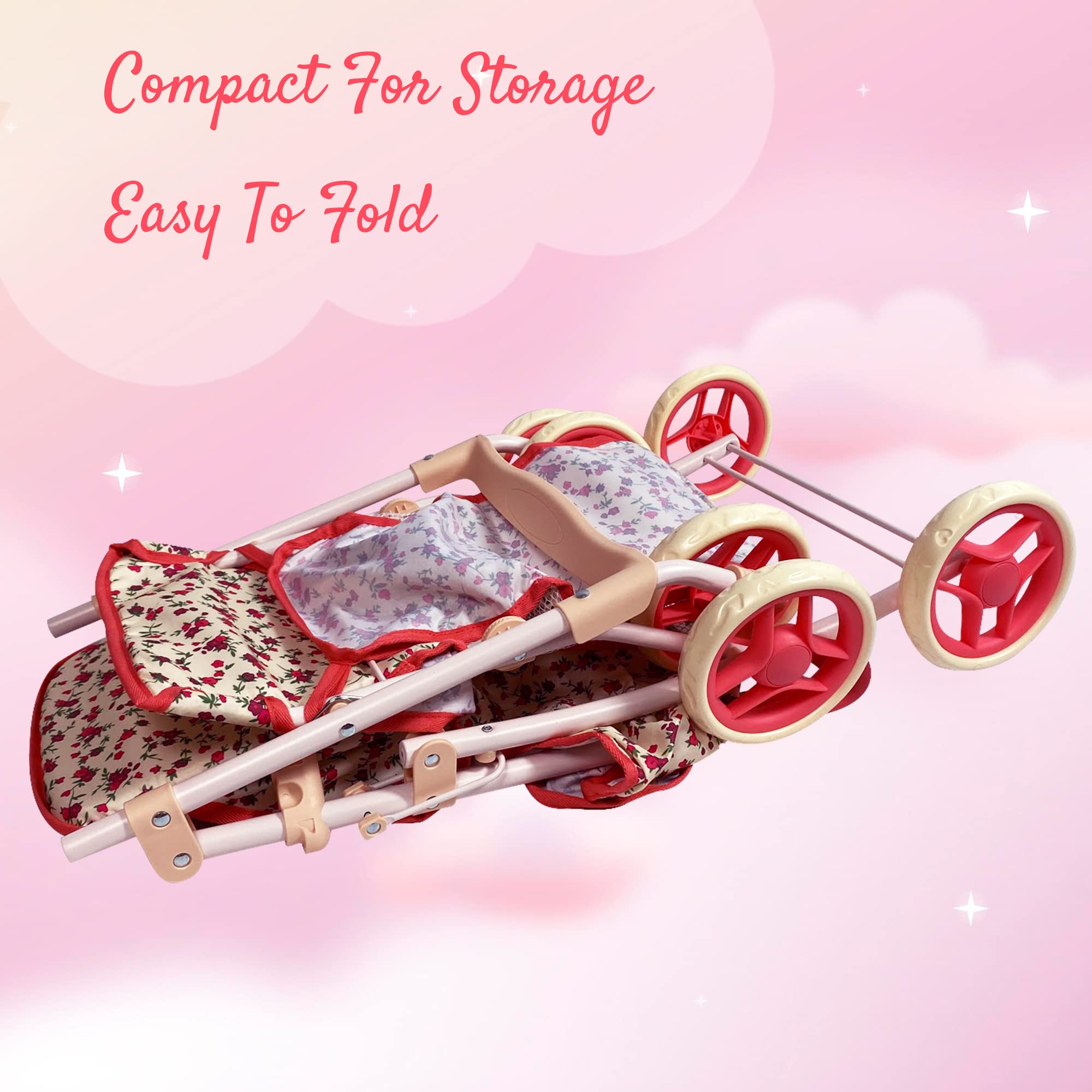 Baby Doll Stroller for Toddler Girls & Big Kids up to 8 Years Old | 28” Baby Stroller for Dolls, Toy Baby Stroller with Cute Coral Floral Print, Mesh Storage Basket, Canopy, Handle Grips, Rubber Tires