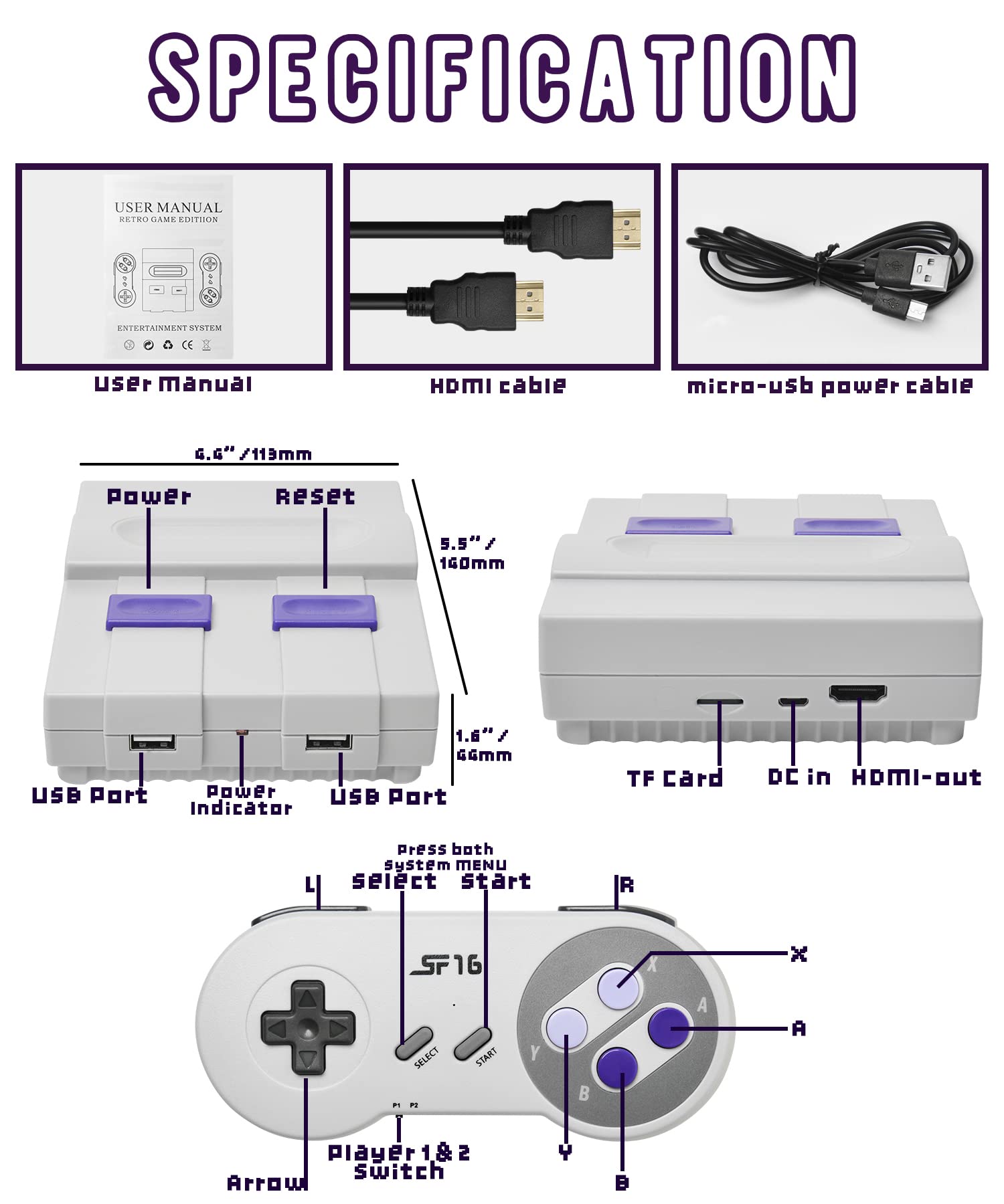 Upgrade Retro Mini Game Console, Preloaded 1700+ 8 & 16 Bit Classic Video Games(No Repeat), HDMI TV Output, 4GB TF Card Rom Copy, 2 Cable Less Controllers, Gift of Childhood Memories