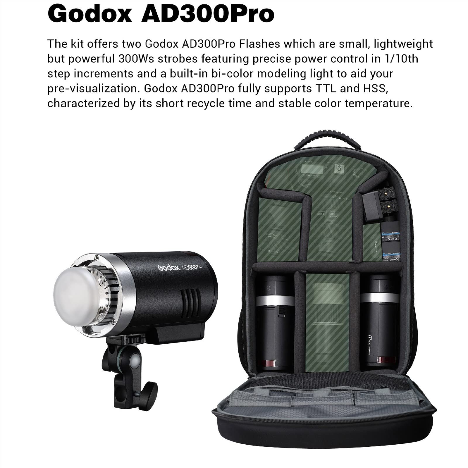 GODOX AD300 Pro Godox AD300Pro Godox Flash, TTL 2.4G HSS 1 / 8000s Outdoor Flash with 2600mAh Lithium Battery, 0.01-1.5S Recycle Time,320 Full Power Flashes, with Backpack/AD-S60S Softbox/Two Umbrella