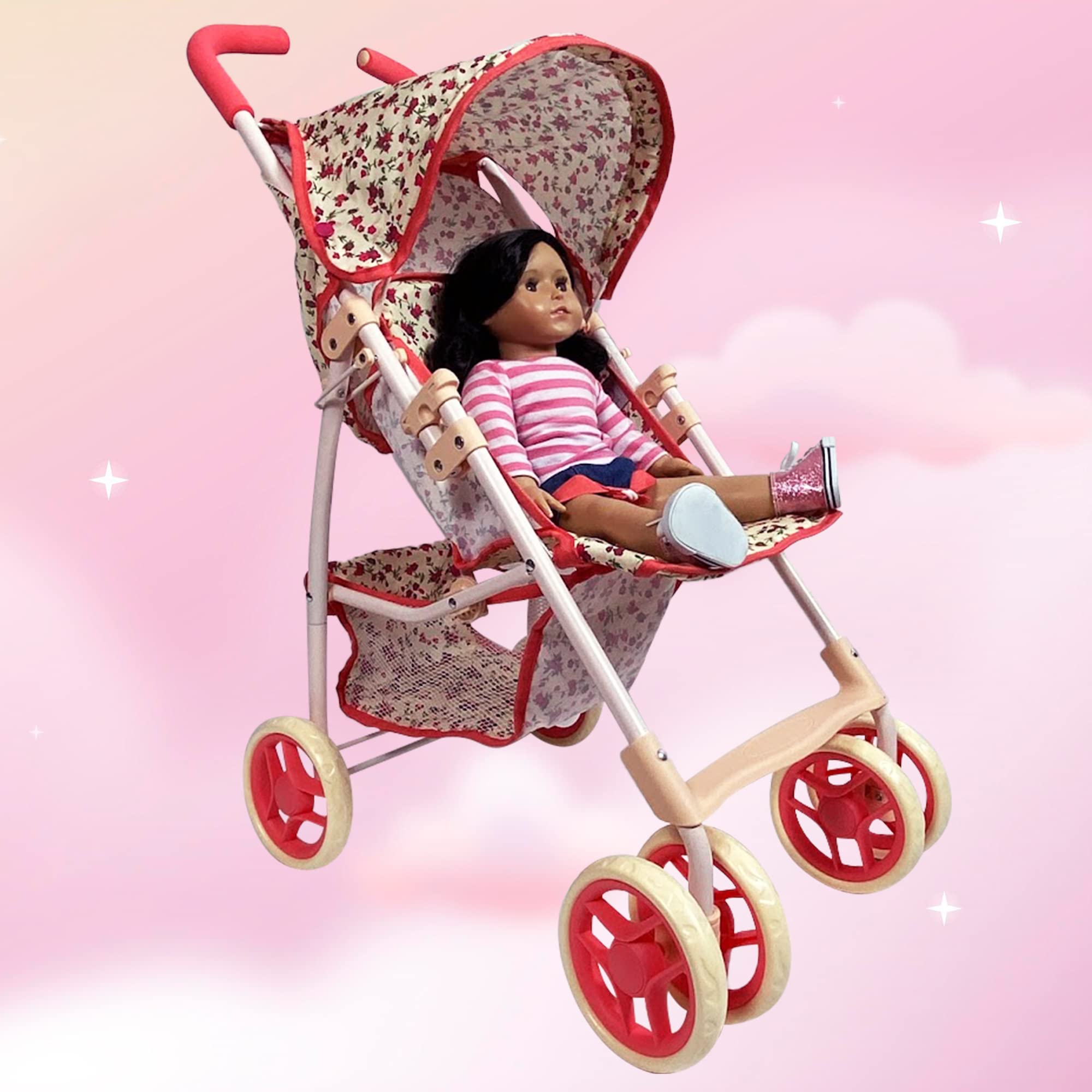 Baby Doll Stroller for Toddler Girls & Big Kids up to 8 Years Old | 28” Baby Stroller for Dolls, Toy Baby Stroller with Cute Coral Floral Print, Mesh Storage Basket, Canopy, Handle Grips, Rubber Tires