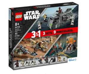 lego star wars galactic adventures 66708, 3-in-1 building toy gift set: the mandalorian trouble on tatoonie and imperial armored marauder and clone wars duel on mandalore