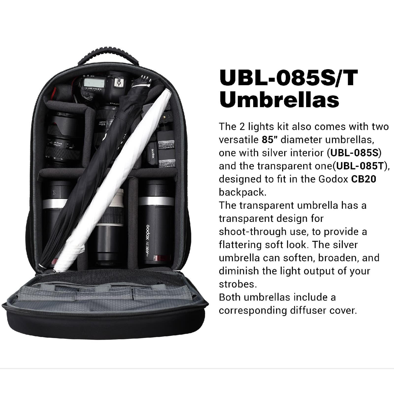 GODOX AD300 Pro Godox AD300Pro Godox Flash, TTL 2.4G HSS 1 / 8000s Outdoor Flash with 2600mAh Lithium Battery, 0.01-1.5S Recycle Time,320 Full Power Flashes, with Backpack/AD-S60S Softbox/Two Umbrella