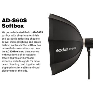 GODOX AD300 Pro Godox AD300Pro Godox Flash, TTL 2.4G HSS 1 / 8000s Outdoor Flash with 2600mAh Lithium Battery, 0.01-1.5S Recycle Time,320 Full Power Flashes, with Backpack/AD-S60S Softbox/Two Umbrella