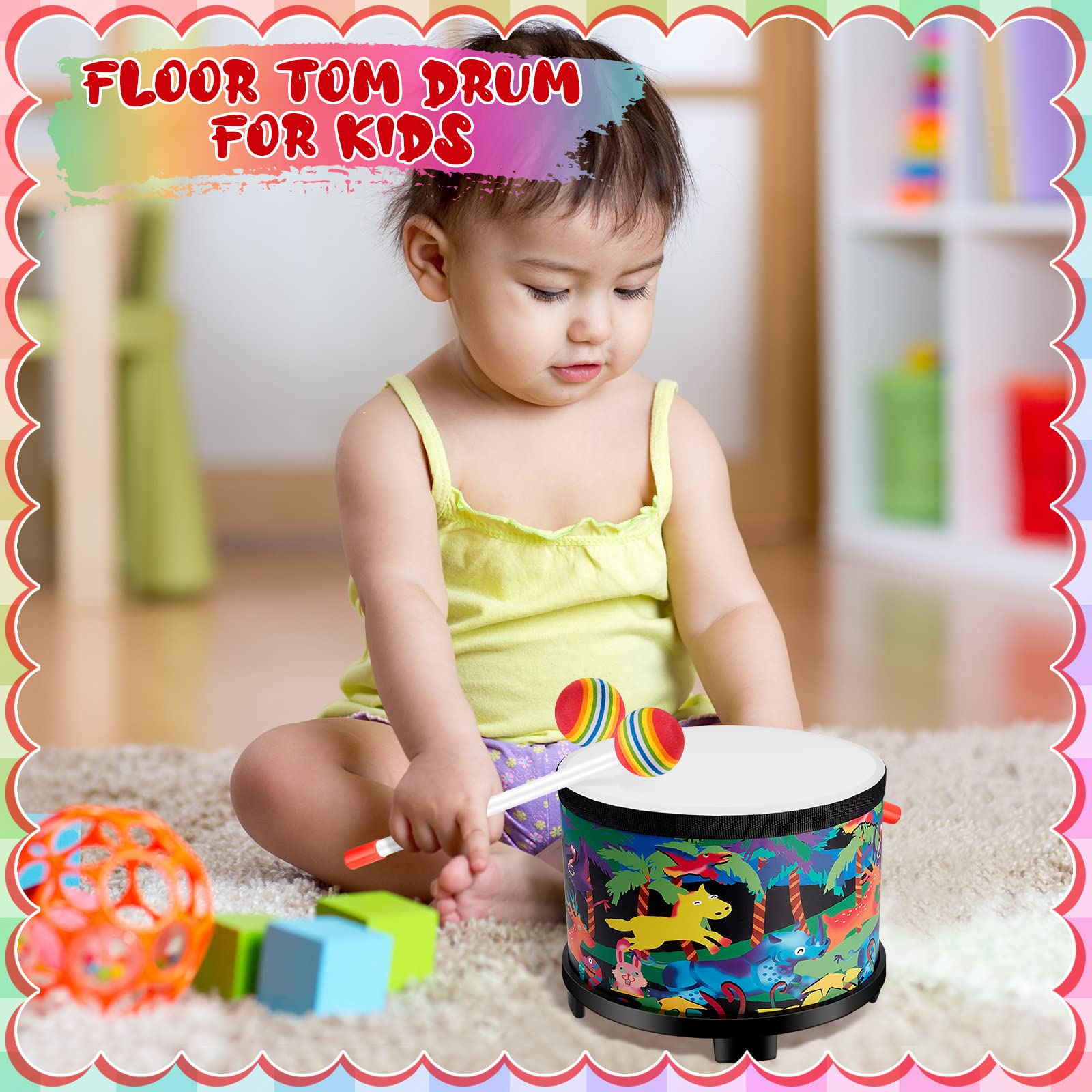 Floor Tom Drum 8 Inch Music Drum with 2 Drum Sticks, Musical Kids Drum Set Wooden Kids' Drum and Percussion Instruments for Children Boy Girl Baby Toddler Birthday