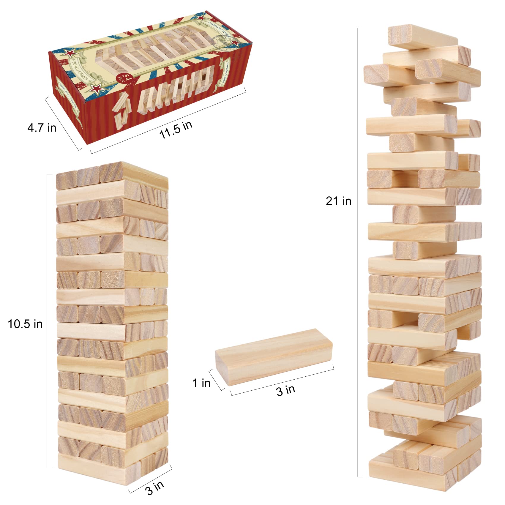 GOTHINK Tumble Tower Game for Kids and Adults, 54pcs Wooden Board Stacking Game for Family Game Night Classic Game, Standard Size