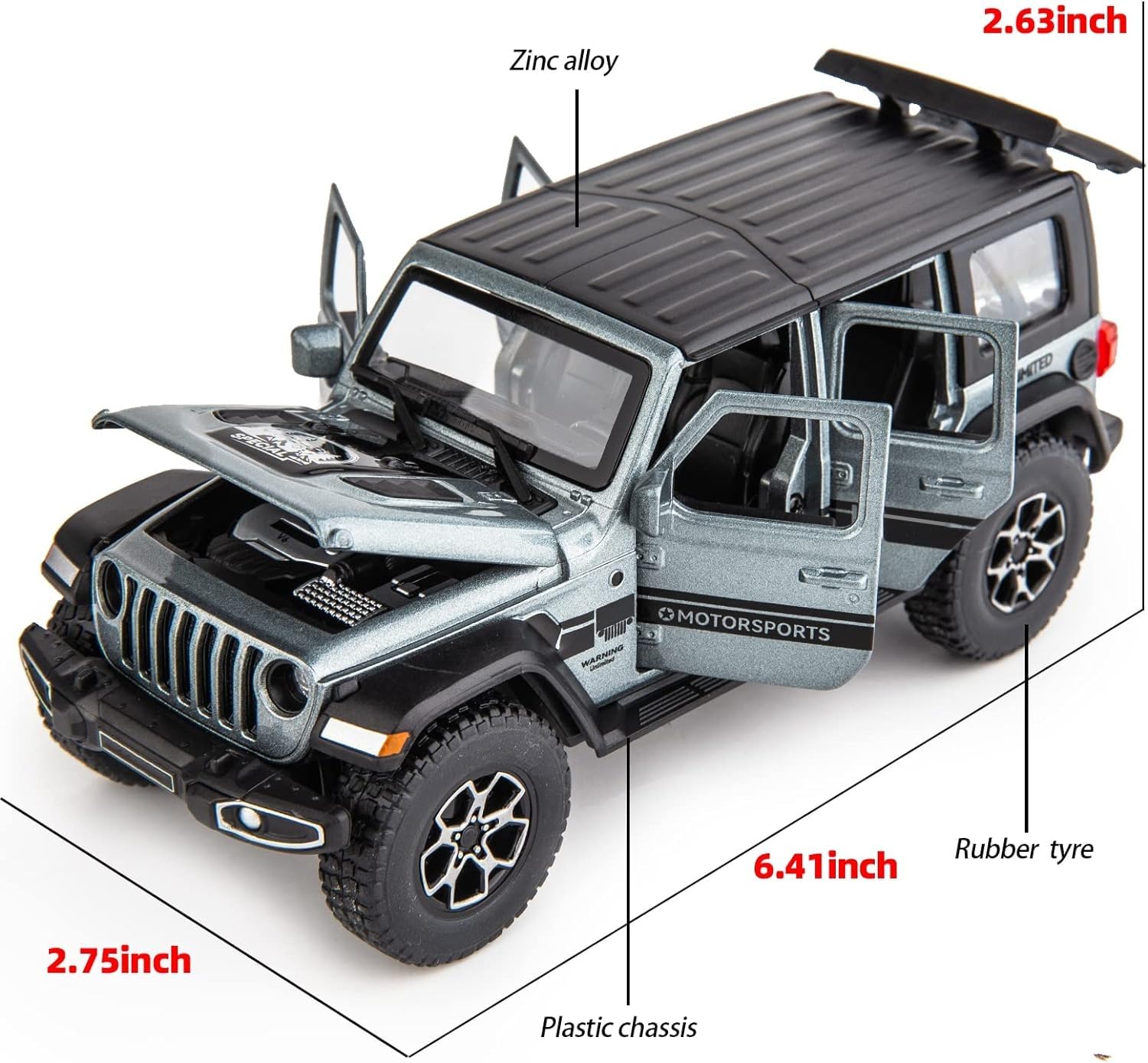 WAKAKAC Compatible for 7 Door Wrangler Toy Car 1/32 Die-cast Pull Back Model Car with Sound and Light Toy Vehicle Cars for Kids Ages 4-8 Festival Gift Silver Car