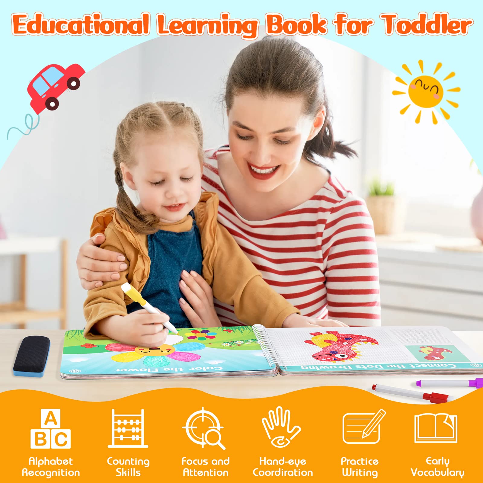 Uneedity Preschool Learning Activities Tracing Books for Kids Age 3-5,44 Pages Toddlers Handwriting Practice Book,Number Letter Tracing Books Learn Shapes Workbook Autism Montessori Educational Toy