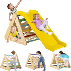 costzon 4 in 1 climbing toy for toddlers, 3-sided montessori wooden triangle climber with sliding ramp, climbing net & board, kids boys girls indoor gym playset gift for home, daycare