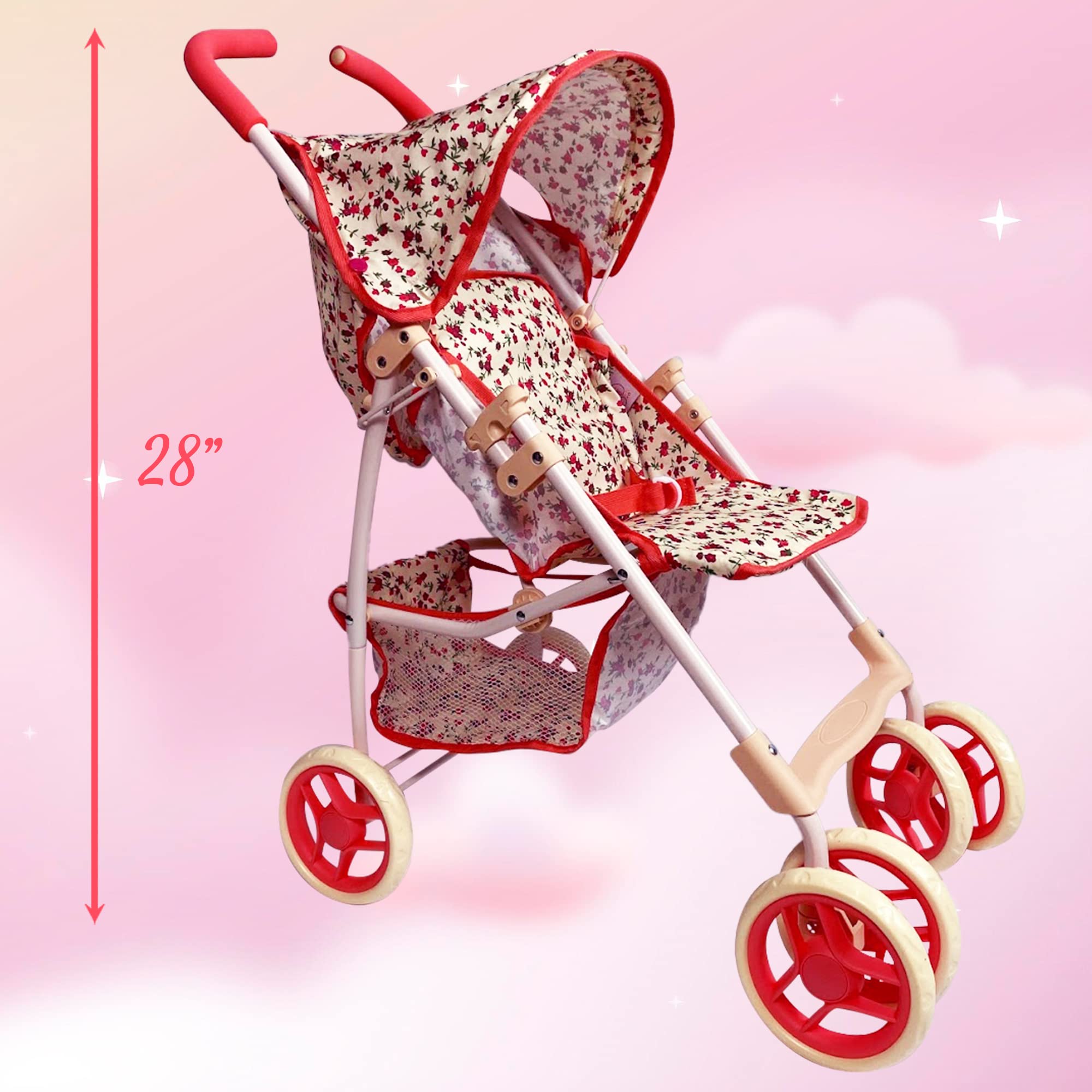 Baby Doll Stroller for Toddler Girls & Big Kids up to 8 Years Old | 28” Baby Stroller for Dolls, Toy Baby Stroller with Cute Coral Floral Print, Mesh Storage Basket, Canopy, Handle Grips, Rubber Tires