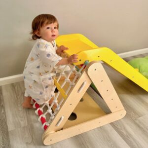 Costzon 4 in 1 Climbing Toy for Toddlers, 3-Sided Montessori Wooden Triangle Climber with Sliding Ramp, Climbing Net & Board, Kids Boys Girls Indoor Gym Playset Gift for Home, Daycare