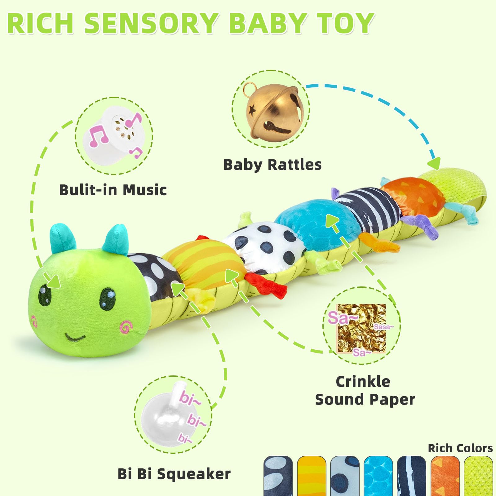 Baby Girl Toys 0-6 Months, Baby Soft Stuffed Animal Toys with Multi Textures,Rattle,Crinkle,Baby Girl Gift, Baby Girl Toys 6 to 12 Months,Infant 3 4 5 7 8 10 Months Old Baby Toys,Caterpillar-Green