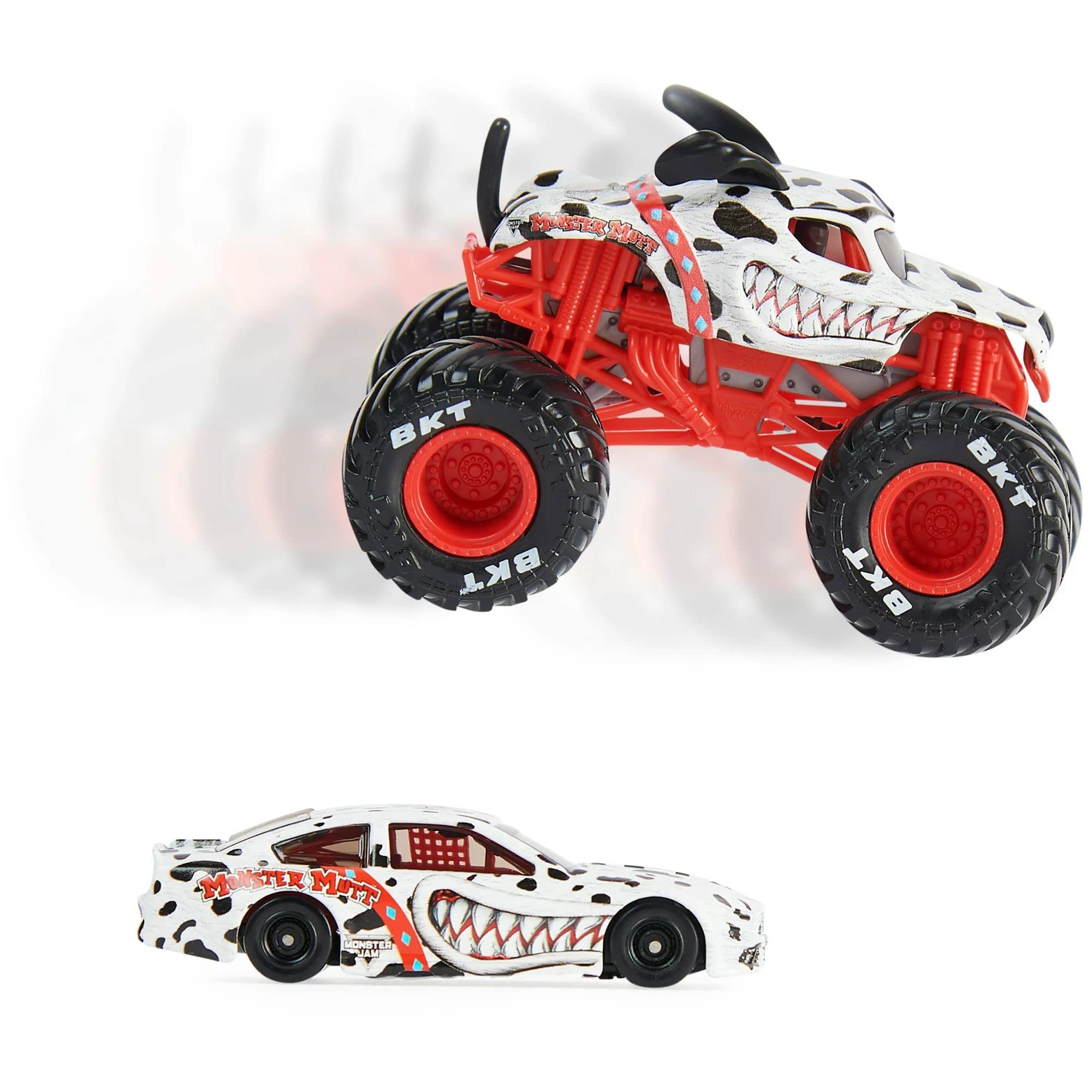 Monster Jam Official 1:64 Scale Diecast 2-Pack Monster Truck and Race Car: Monster Mutt Dalmatian