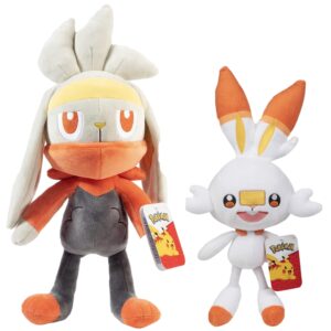 pokemon 12" raboot & 8" scorbunny plush stuffed animal toys, 2-pack - sword and shield starter evolution set - officially licensed - gift for kids, boys, girls & fans - 2+