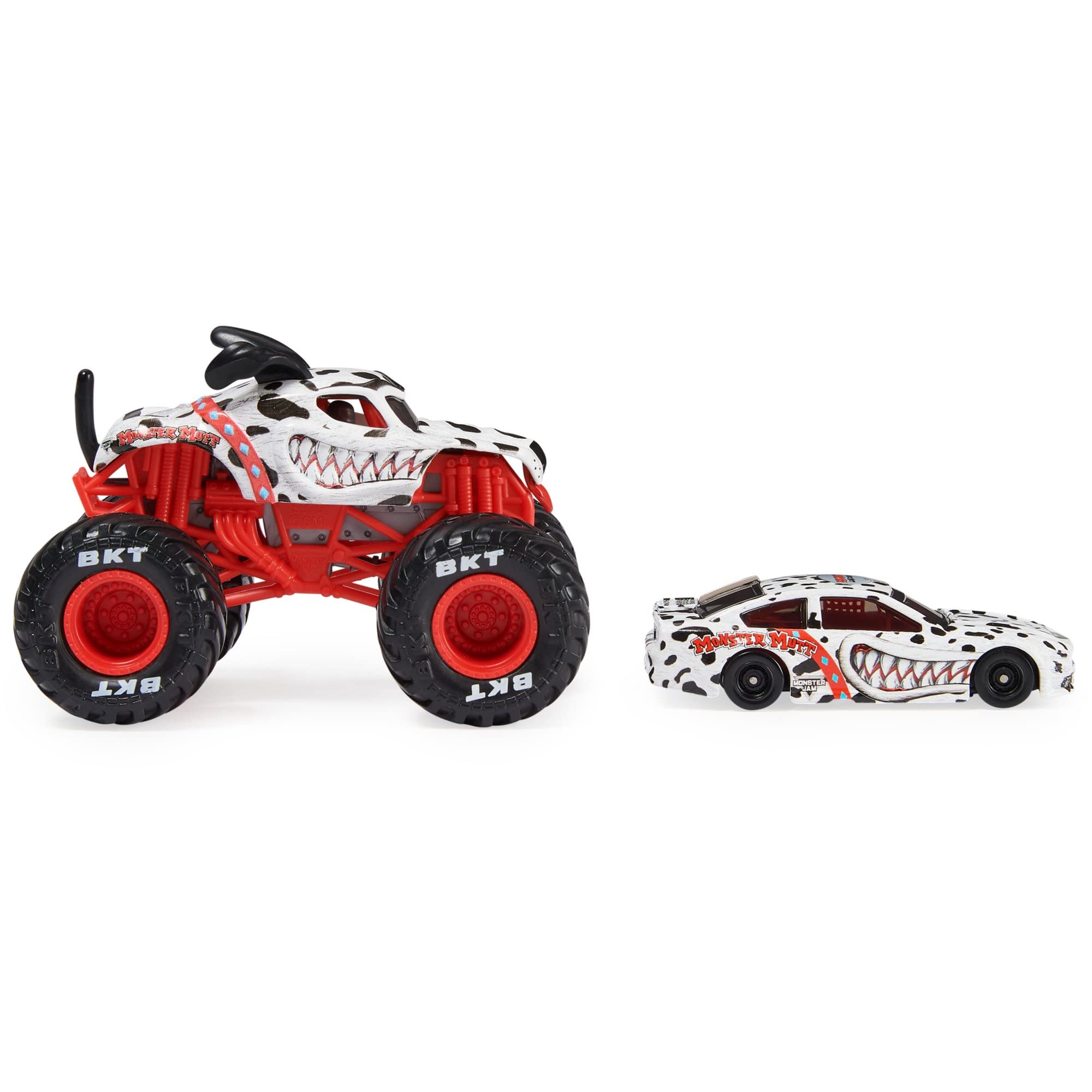 Monster Jam Official 1:64 Scale Diecast 2-Pack Monster Truck and Race Car: Monster Mutt Dalmatian