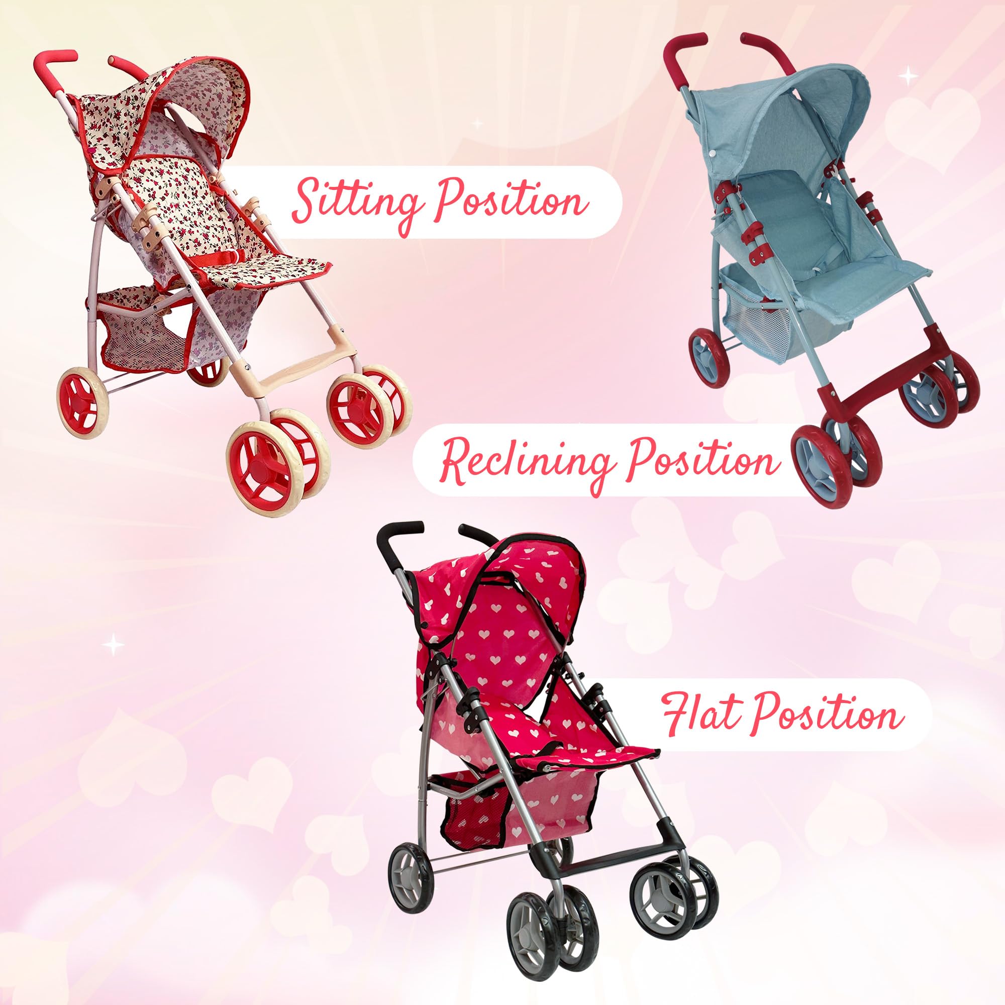 Baby Doll Stroller for Toddler Girls & Big Kids up to 8 Years Old | 28” Baby Stroller for Dolls, Toy Baby Stroller with Cute Coral Floral Print, Mesh Storage Basket, Canopy, Handle Grips, Rubber Tires