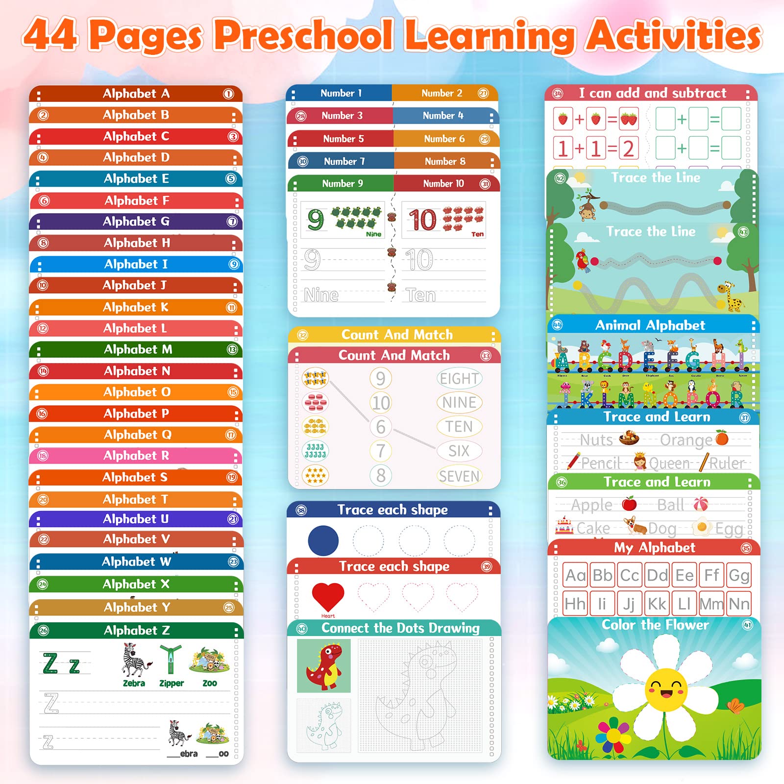 Uneedity Preschool Learning Activities Tracing Books for Kids Age 3-5,44 Pages Toddlers Handwriting Practice Book,Number Letter Tracing Books Learn Shapes Workbook Autism Montessori Educational Toy