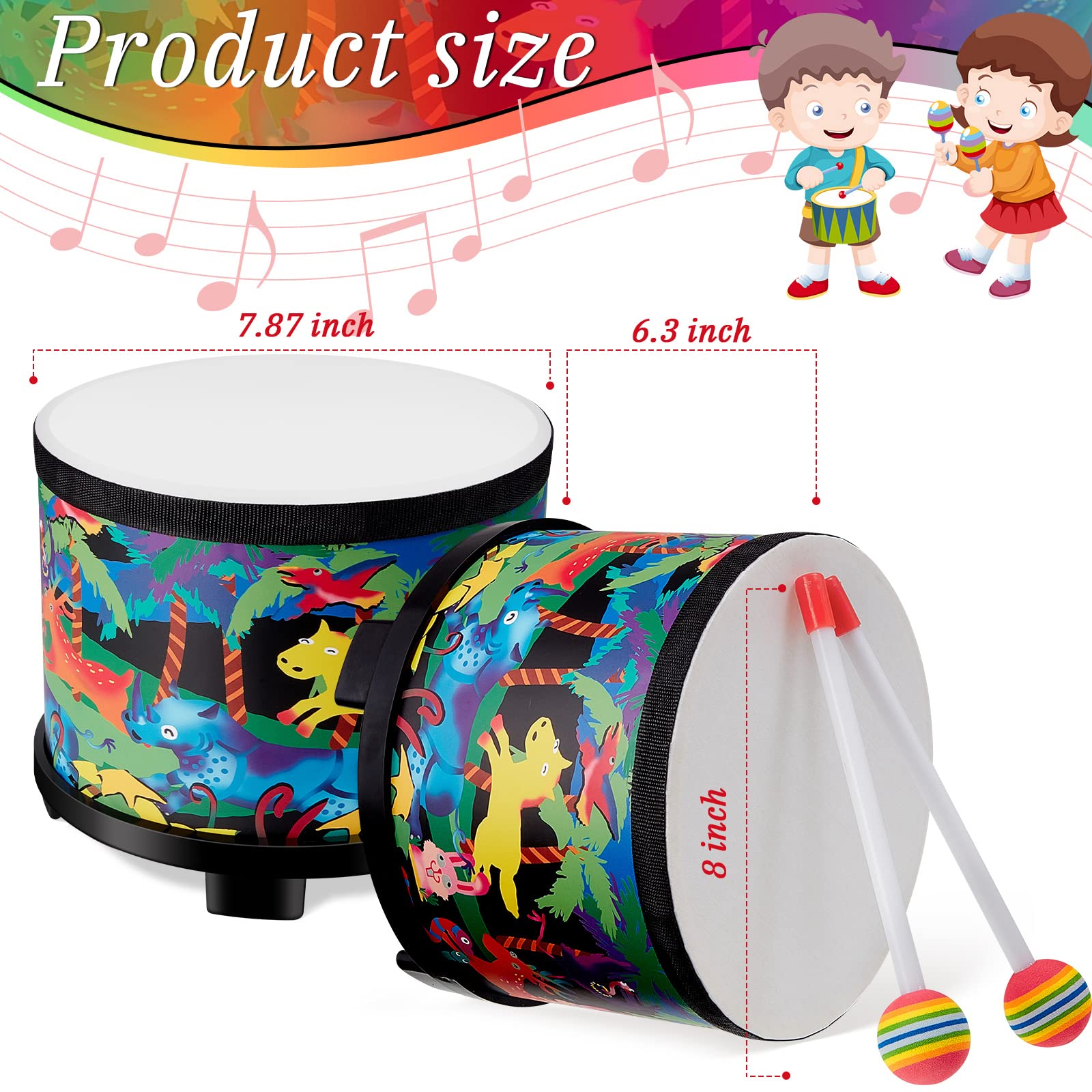 Floor Tom Drum 8 Inch Music Drum with 2 Drum Sticks, Musical Kids Drum Set Wooden Kids' Drum and Percussion Instruments for Children Boy Girl Baby Toddler Birthday