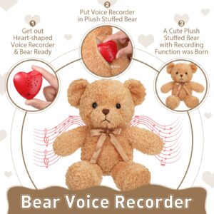 Hungdao Bear Stuffed Animal with Voice Recorder Set, 60 Seconds Voice Sound Recorder Module 16 Inch Soft Plush Bear Cute Stuffed Bear with Zipper Sound Box Recordable Heart for Boy Girl (Light Brown)