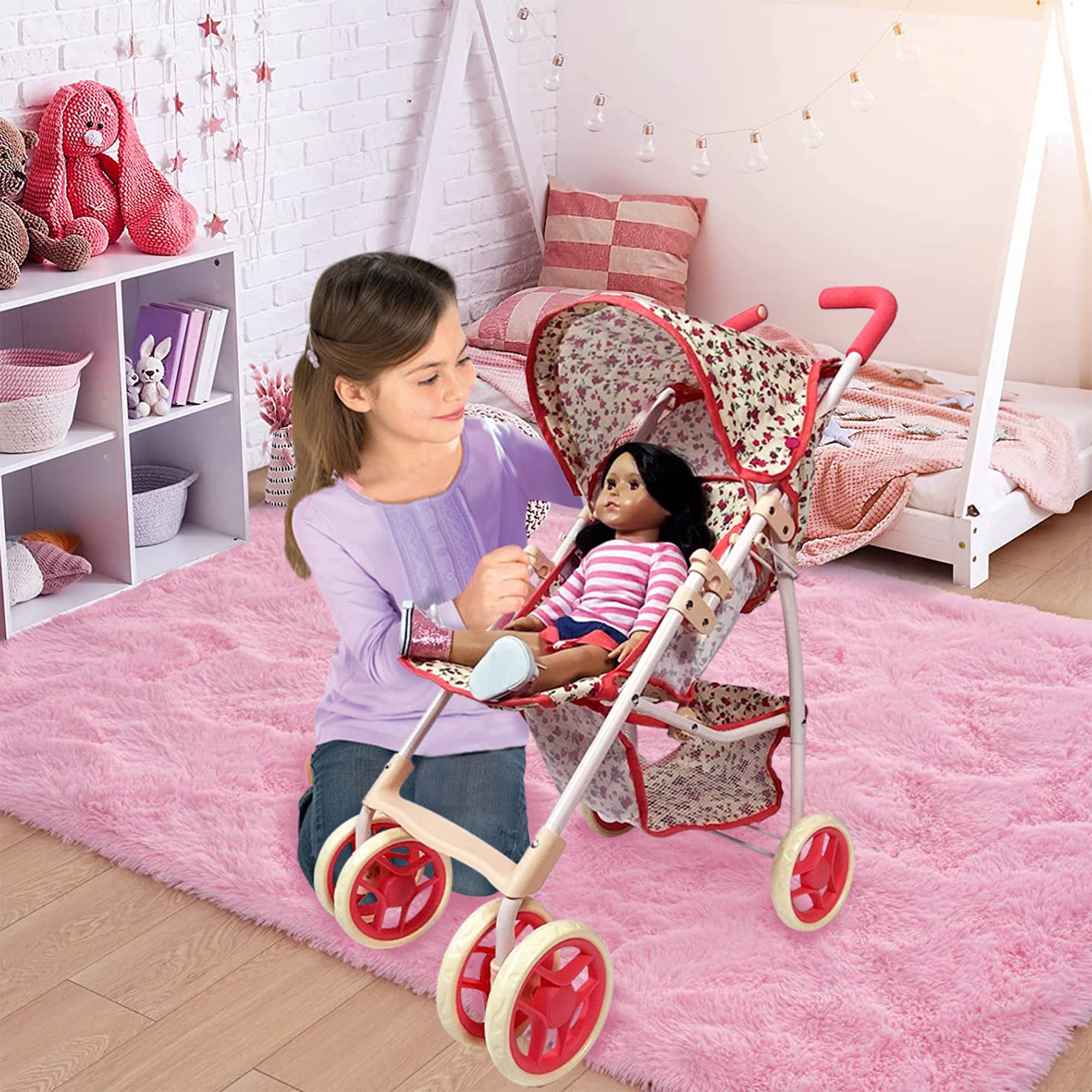 Baby Doll Stroller for Toddler Girls & Big Kids up to 8 Years Old | 28” Baby Stroller for Dolls, Toy Baby Stroller with Cute Coral Floral Print, Mesh Storage Basket, Canopy, Handle Grips, Rubber Tires