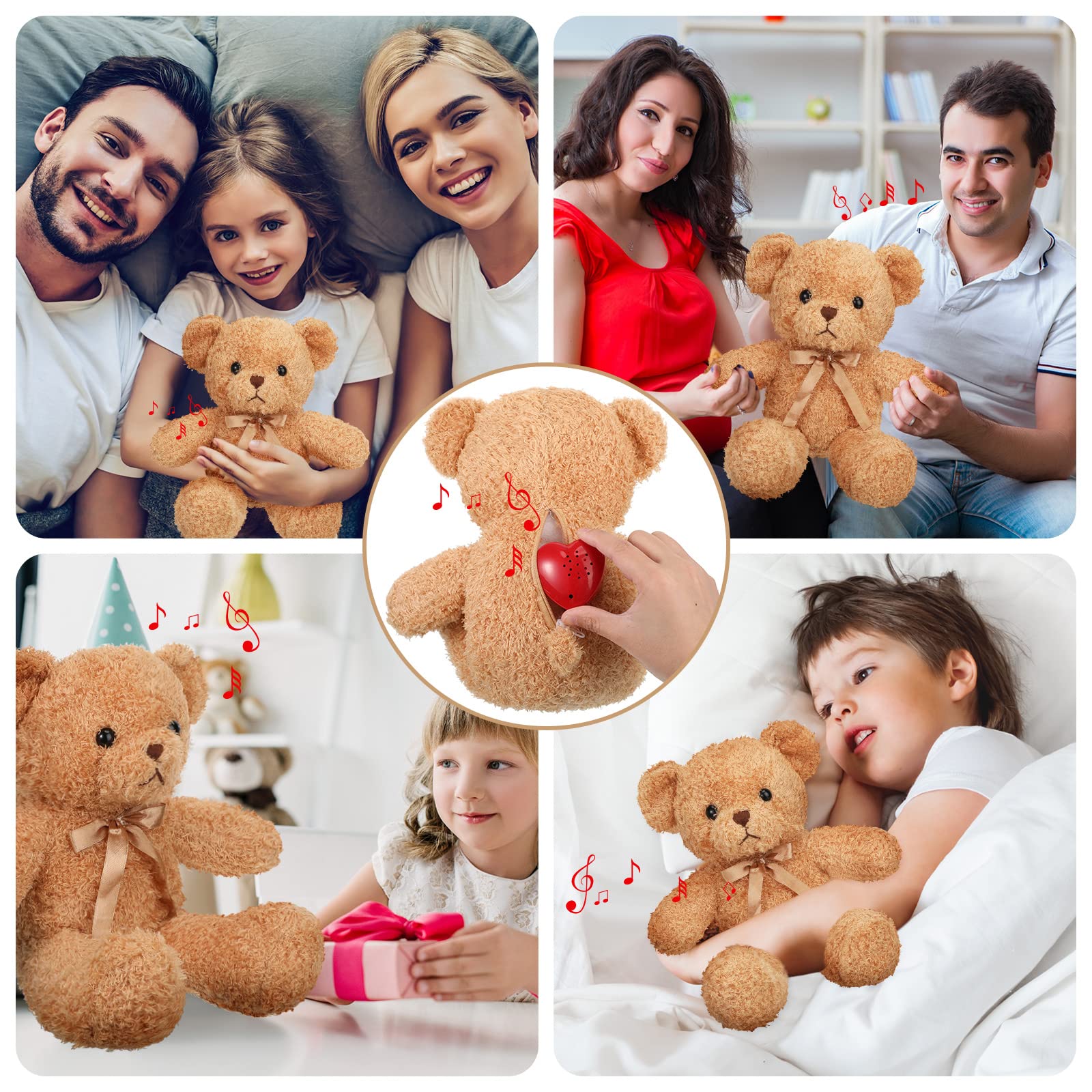 Hungdao Bear Stuffed Animal with Voice Recorder Set, 60 Seconds Voice Sound Recorder Module 16 Inch Soft Plush Bear Cute Stuffed Bear with Zipper Sound Box Recordable Heart for Boy Girl (Light Brown)