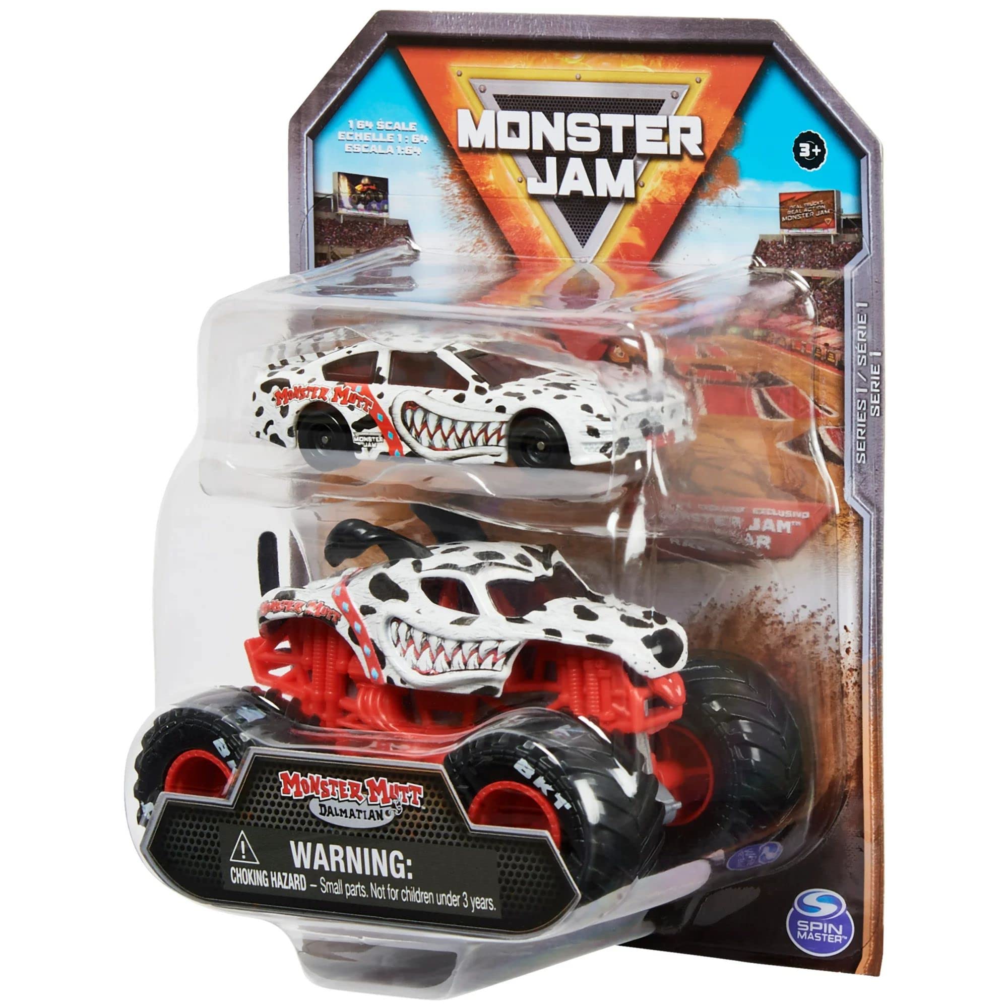 Monster Jam Official 1:64 Scale Diecast 2-Pack Monster Truck and Race Car: Monster Mutt Dalmatian