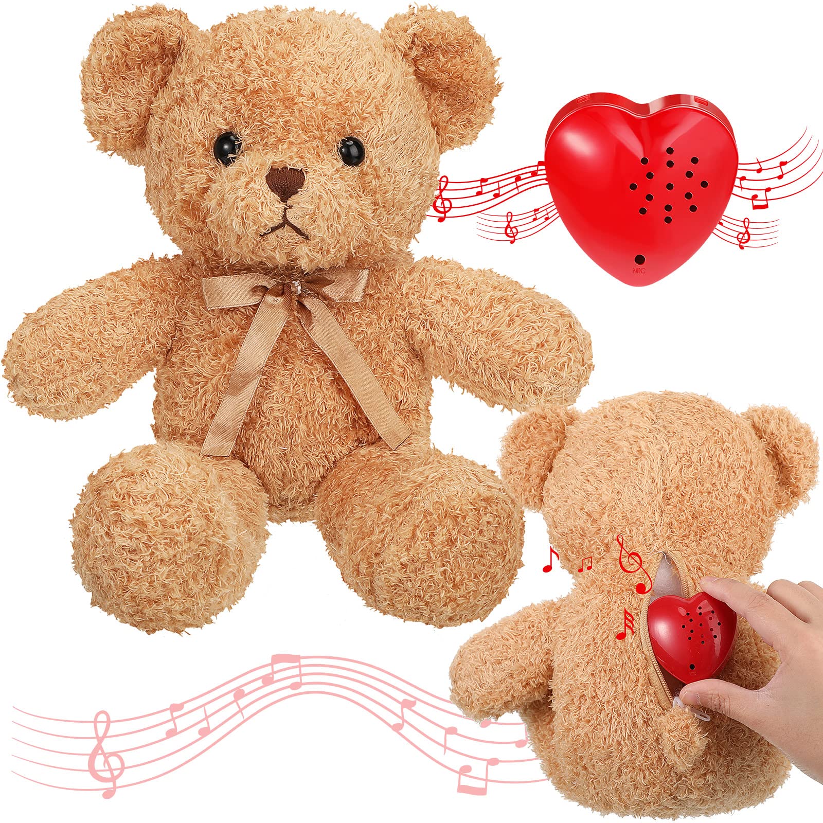 Hungdao Bear Stuffed Animal with Voice Recorder Set, 60 Seconds Voice Sound Recorder Module 16 Inch Soft Plush Bear Cute Stuffed Bear with Zipper Sound Box Recordable Heart for Boy Girl (Light Brown)