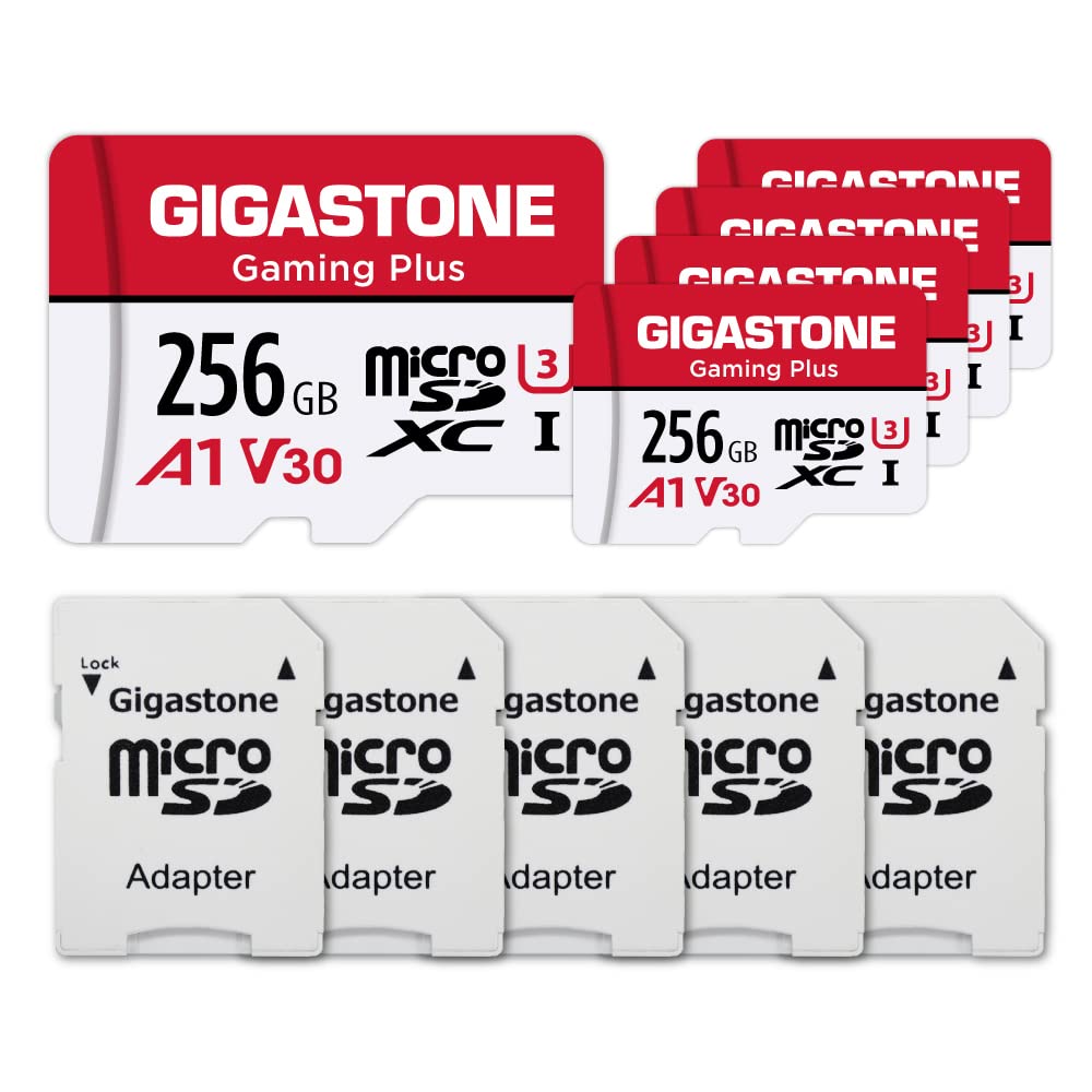 GIGASTONE 256GB 5-Pack Micro SD Card, Gaming Plus, Nintendo-Switch Compatible, R/W 100/60MB/s, 4K Video Recording, Micro SDXC UHS-I A1 U3 Class 10, with Adapters