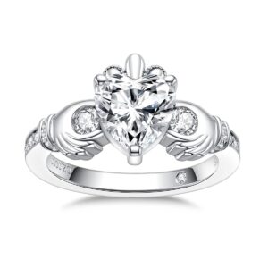 anuclub 2.33cttw moissanite claddagh irish ring, celtic knot crown engagement ring for women, d color and vvs1, 18k white gold plated 925 sterling silver, gemstone, moissanite