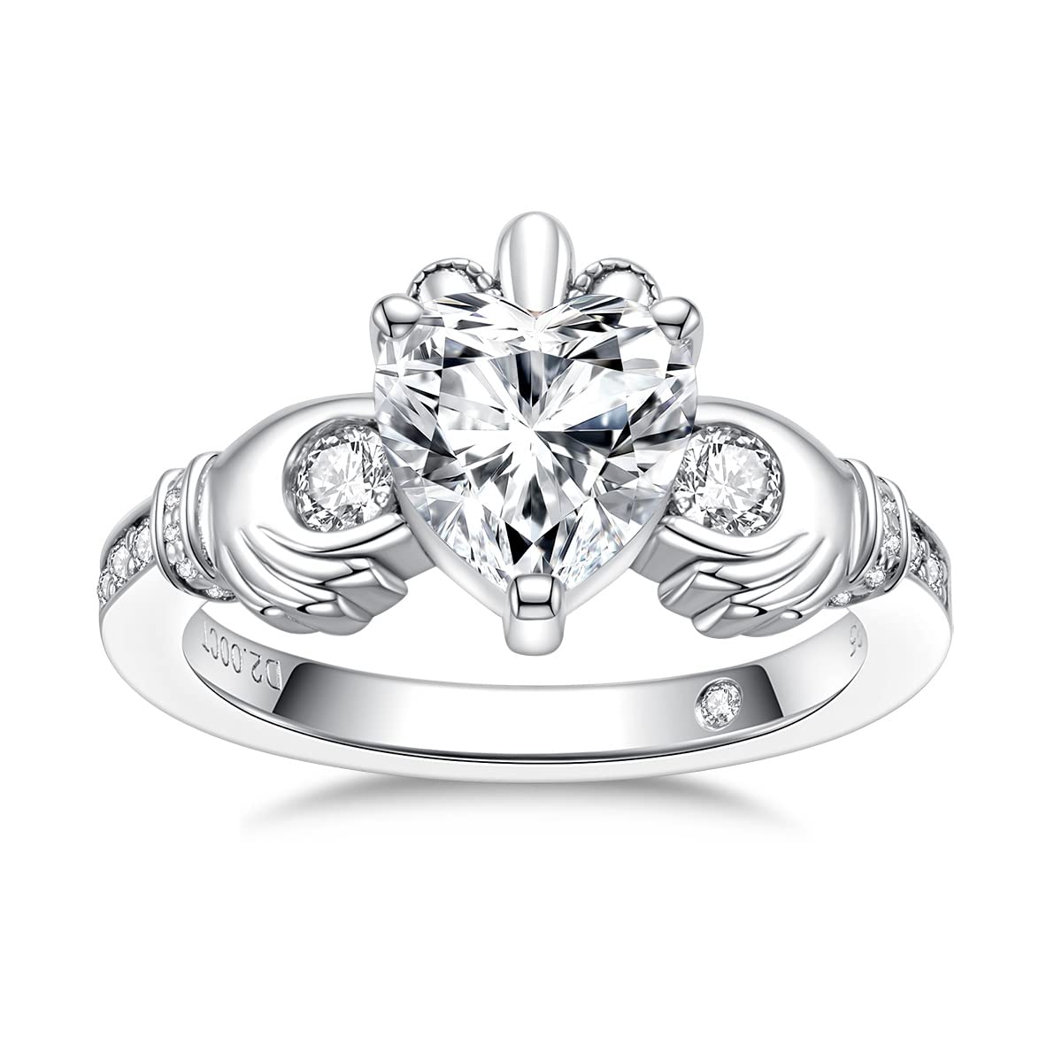 AnuClub 2.33cttw Moissanite Claddagh Irish Ring, Celtic Knot Crown Engagement Ring for Women, D Color and VVS1, 18K White Gold Plated 925 Sterling Silver, Gemstone, Moissanite