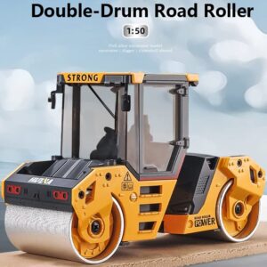 Gemini&Genius Double-Drum Road Roller Toy Construction Vehicle Toy 1/50 Scale Die-cast Grader Engineering Road Planer Vehicle, Asphalt Drum Compactor Alloy Model Toys and Collections for Kids