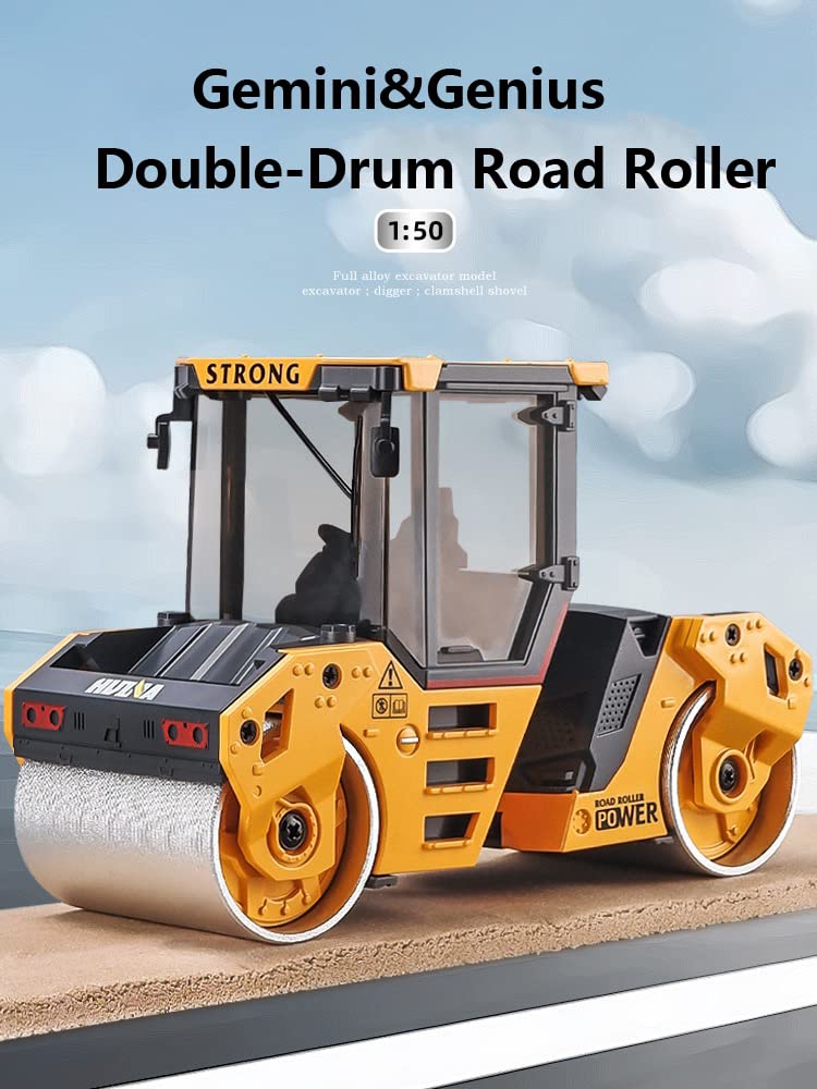 Gemini&Genius Double-Drum Road Roller Toy Construction Vehicle Toy 1/50 Scale Die-cast Grader Engineering Road Planer Vehicle, Asphalt Drum Compactor Alloy Model Toys and Collections for Kids