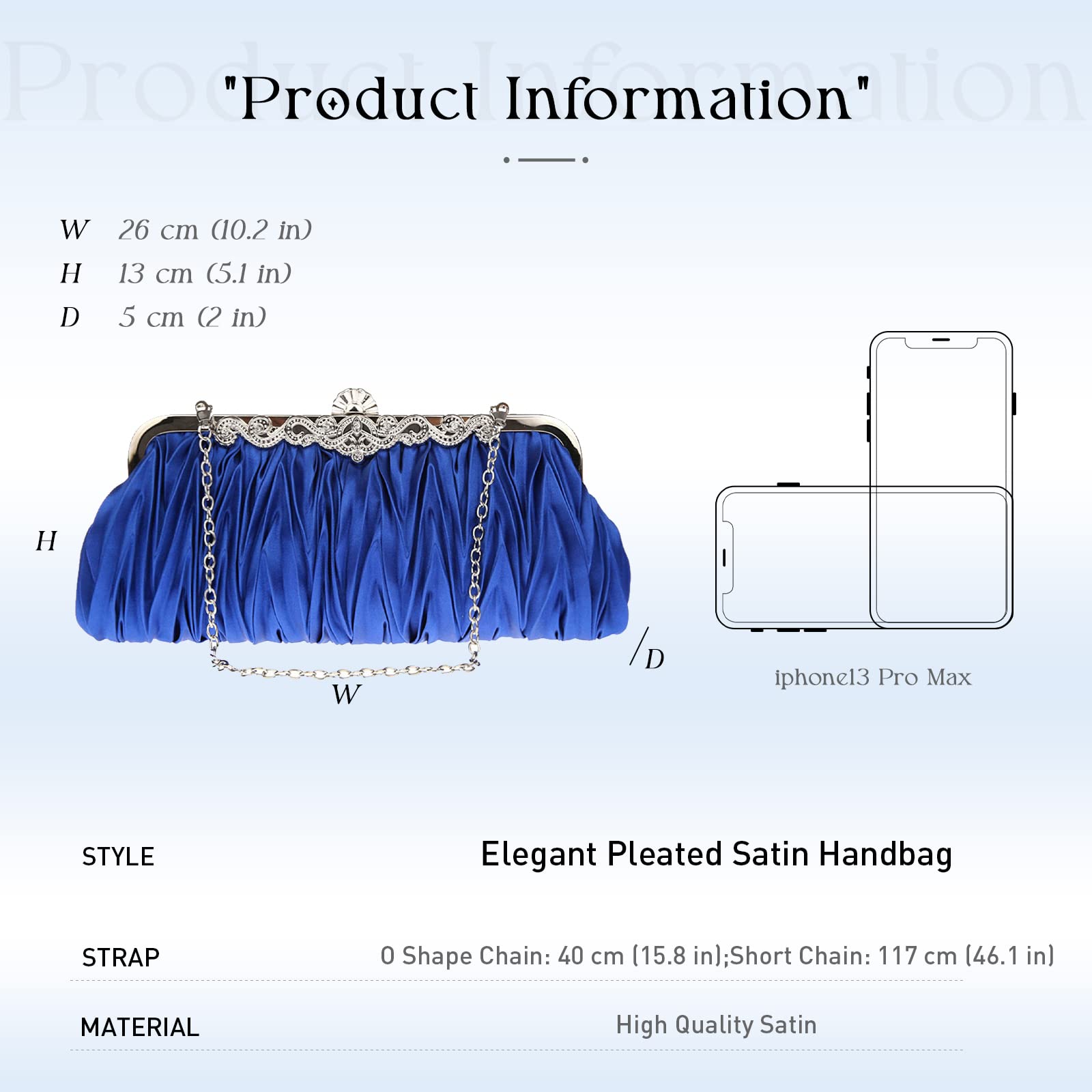 JAMBHALA Women Pleated Clutch Bag with Adjustable Chain Handbag Dumpling Pouch for Wedding, Bridal, Prom, Party (blue)