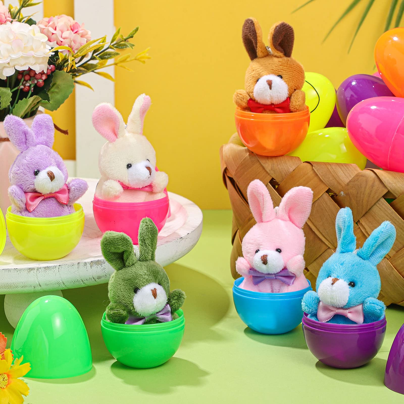 Hungdao 84 Set Filled Easter Eggs Bulk with Plush Bunny Easter Stickers Colorful Stuffed Plastic Easter Eggs with Toys Inside Easter Basket Fillers for Kids Toddlers Easter Party Favor Surprise Gifts