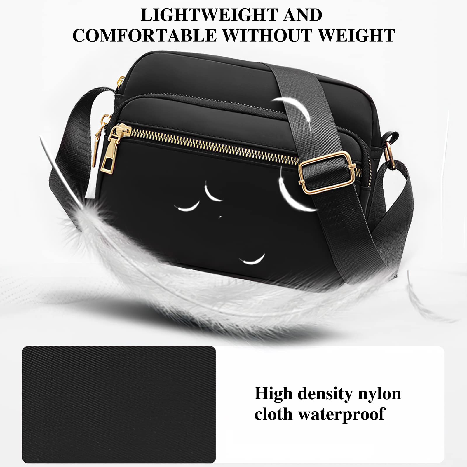 WITERY Nylon Crossbody Bags for Women - Waterproof Multi Pockets Travel Shoulder Bag Handbags, Lightweight Zipper Mini Purse Phone Bag Pouch with Adjustable Strap