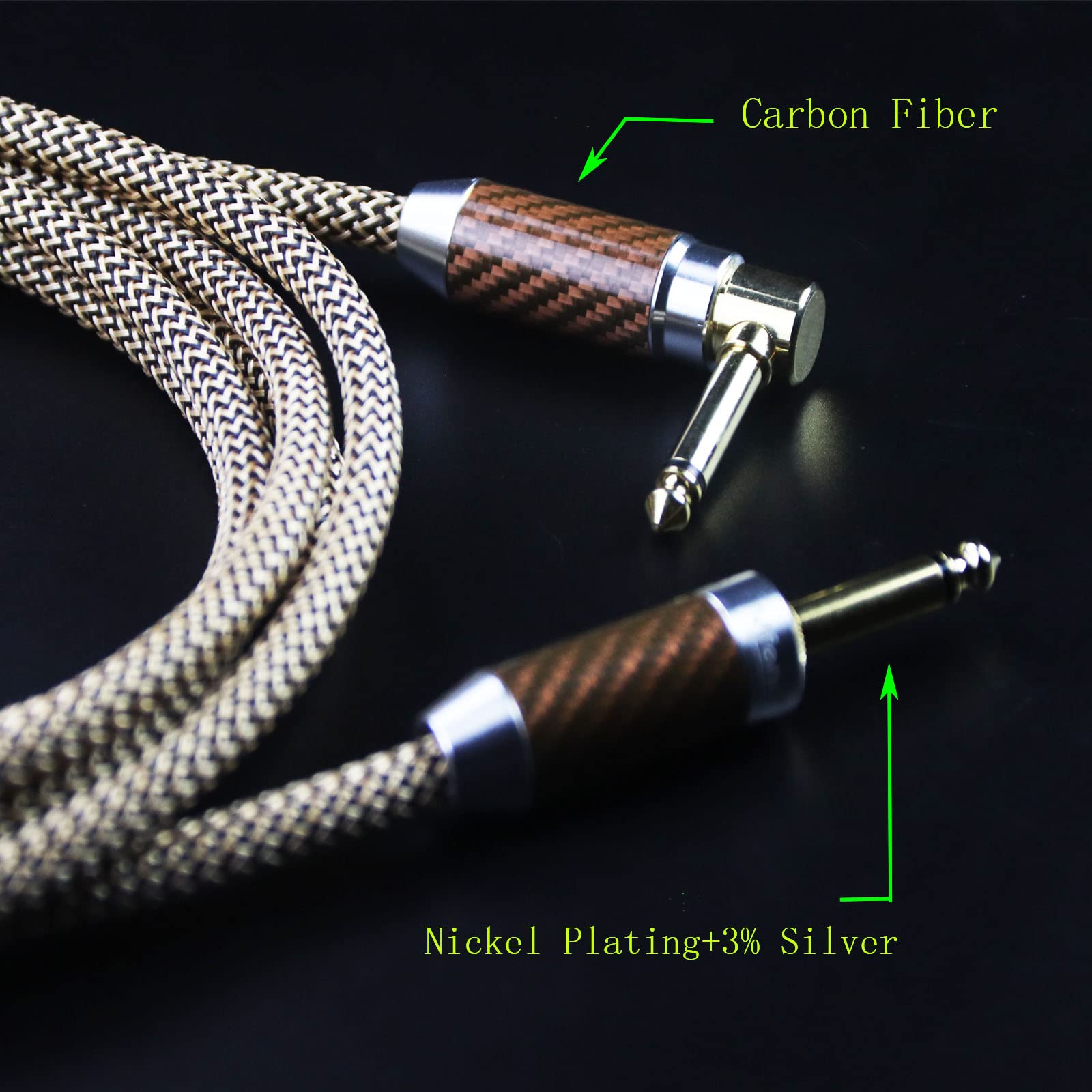 mffmffm Guitar Cable 15 ft, Guitar Cord with Carbon Fiber Casing, Amp Cord for Bass & Electric Guitar, 1/4 Inch Instrument Cable (Right Angle to Straight, Gold)