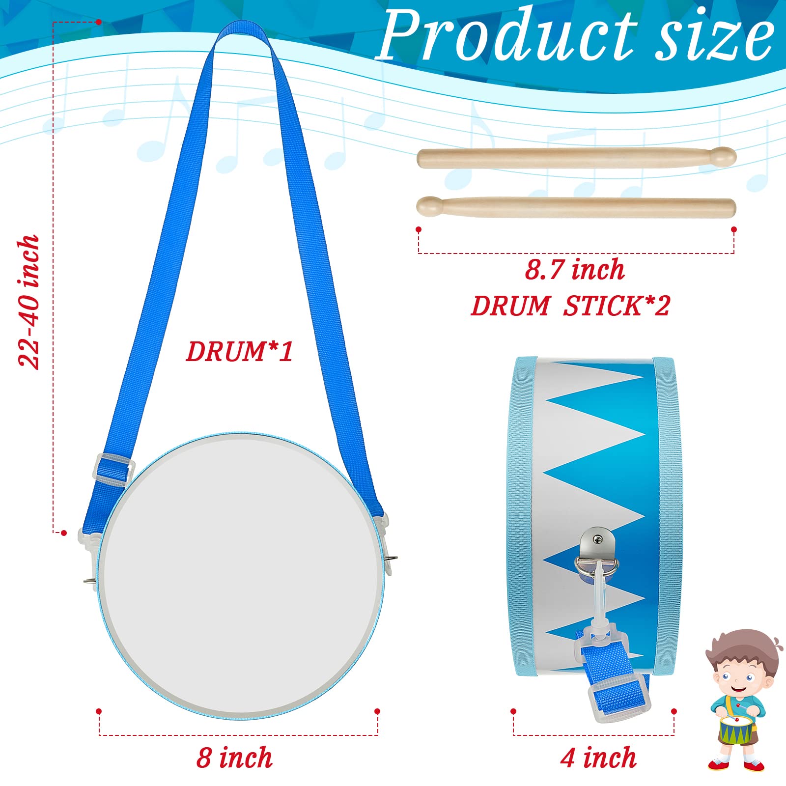 Kids Drum Set 7.87 in Wooden Toy Drum with Adjustable Strap 2 Drumsticks Educational Sensory Musical Instrument Drum Set for Toddlers Kids Baby Toy Gift (Blue Triangle Style)