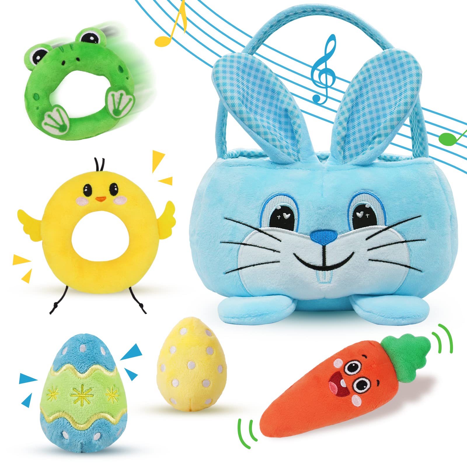 Treory Baby's First Easter Basket Playset, 6ct Stuffed Plush Easter Basket with Blue Bunny Chick Carrot Egg Frog Baby Easter Basket Stuffers Toys Easter Gifts for Boys Kids Easter Decorations