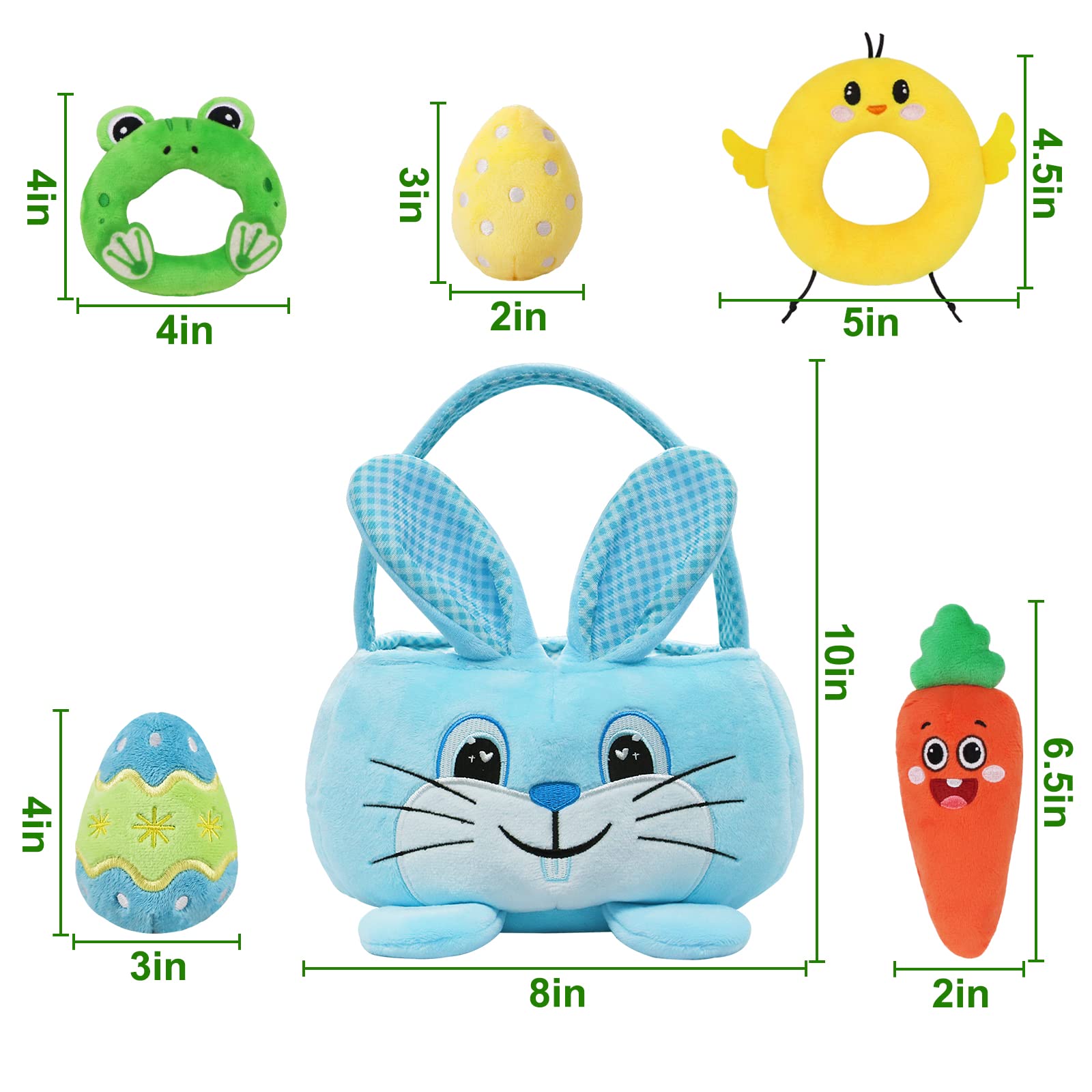 Treory Baby's First Easter Basket Playset, 6ct Stuffed Plush Easter Basket with Blue Bunny Chick Carrot Egg Frog Baby Easter Basket Stuffers Toys Easter Gifts for Boys Kids Easter Decorations