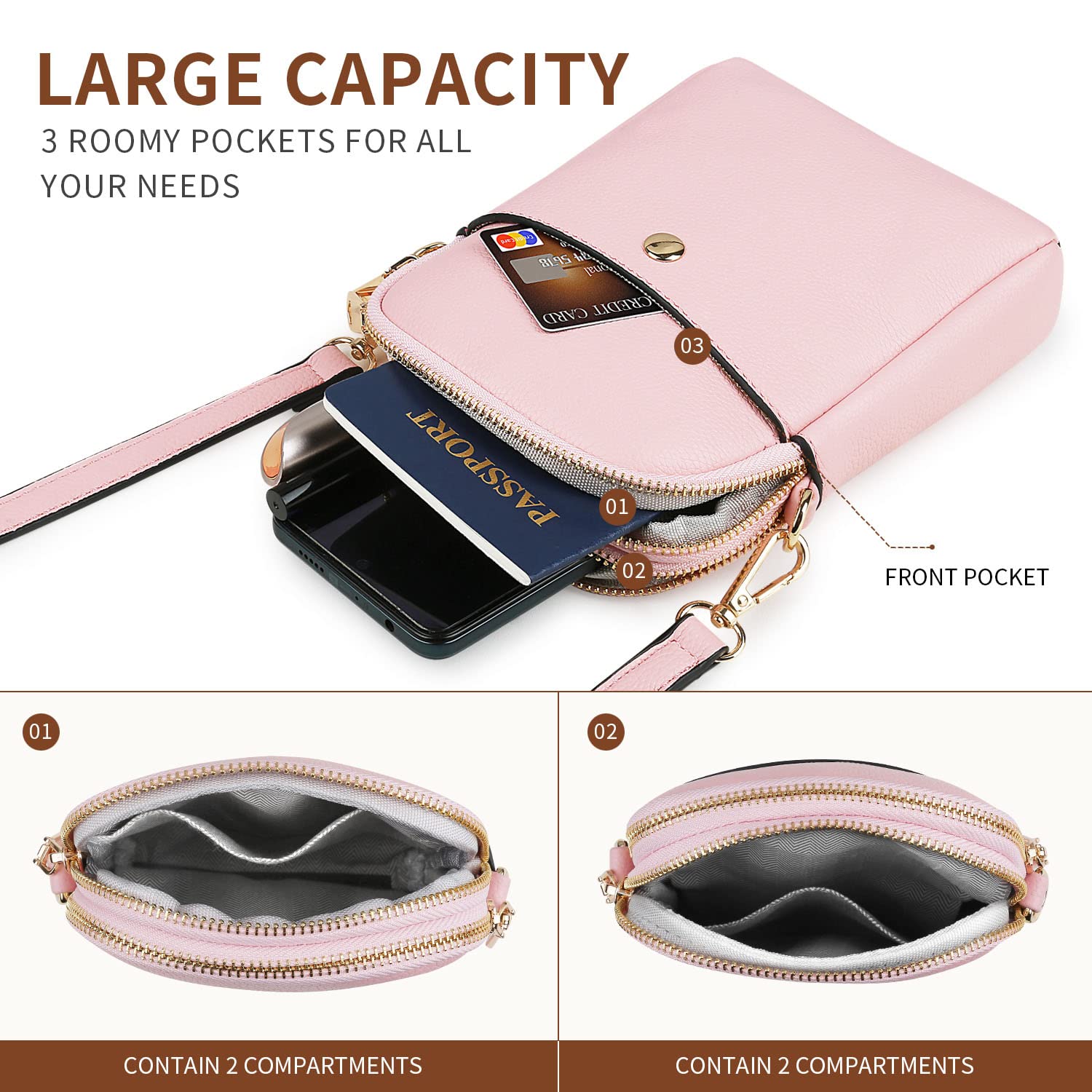 Crossbody Bag for Women Multi Pocket Shoulder Bag Leather Mobile Phone Bag Small Cross Body Purse with Adjustable Shoulder Strap Mobile Bag for Women