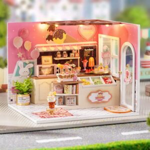 TuKIIE DIY Miniature Dollhouse Kit with Furniture, 1:24 Scale Creative Room Mini Wooden Doll House Accessories Plus Dust Proof for Kids Teens Adults(Ice Cream Shop)